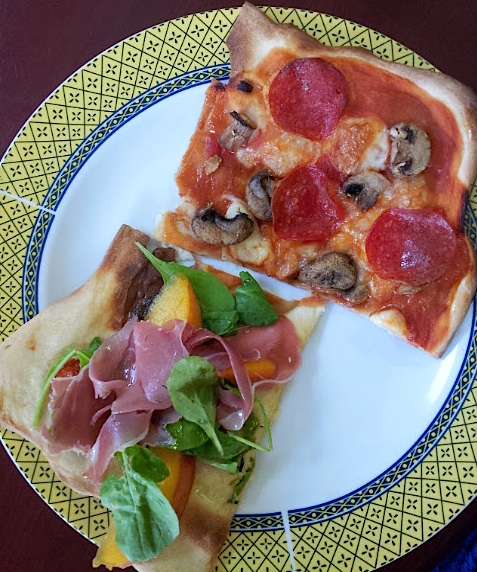 Homemade Arugula Peach Pepperoni Mushroom Pizza